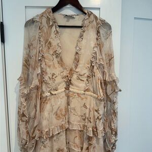 Shona Joy Mini Ruffled Dress, Cream and tan Floral, Size 6, EUC